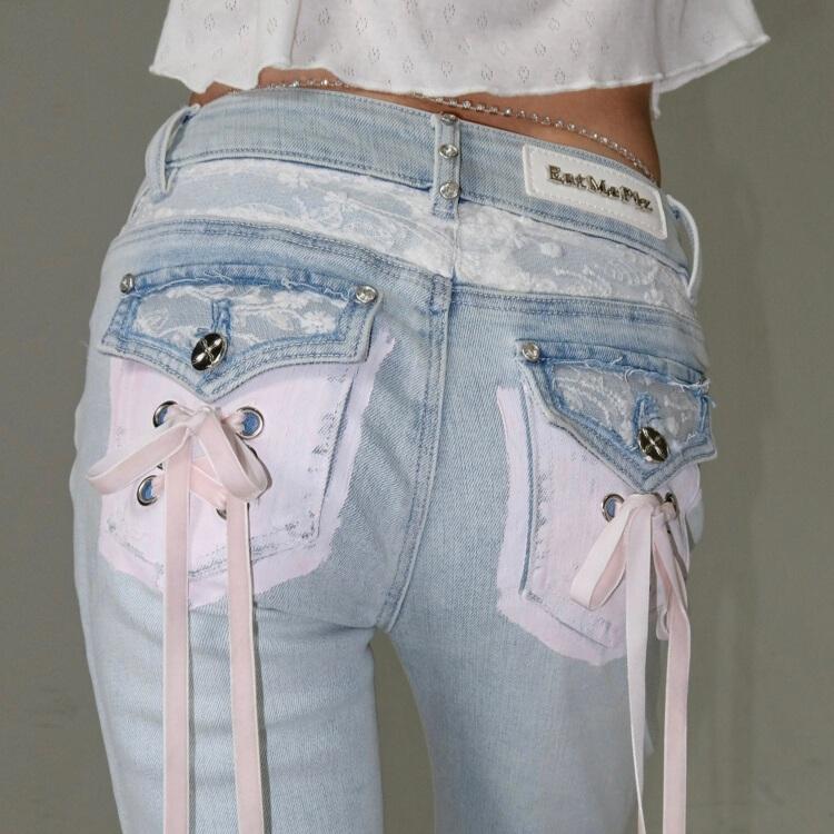 Eat me Plz 청바지 잇미플리즈 리본 레이스 슬림 부츠컷 연청 데님