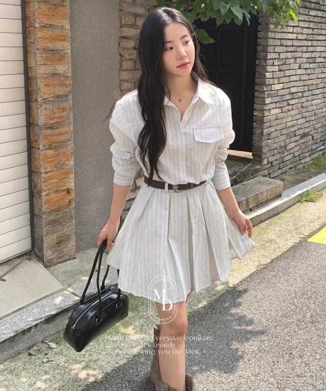 (주문폭주) 펜드 스트라이프 셔츠  원피스 (벨트set [배송지연 9/6~9 입고예정]