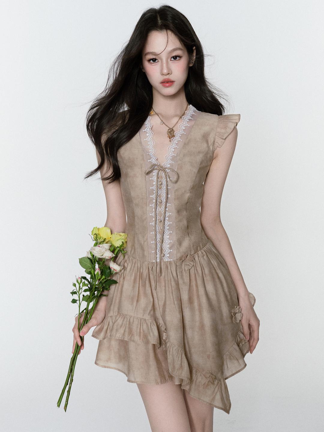 [FRAGILE HEART] Milk Tea Lace Frill Dress