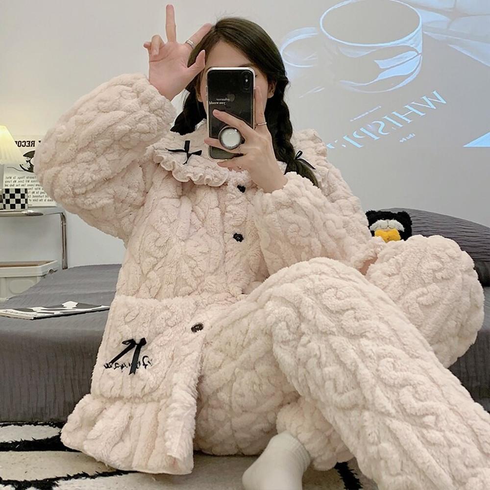 코랄 플리스 잠옷 여성 가을 겨울 신상품 3 겹 퀼트 두껍고 플란넬 홈웨어 수트