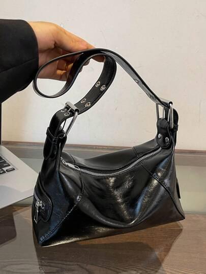 2025년 새로운 여성 소형 숄더 핸드백, 독특한 디자인 캐주얼 토트백, 세련된 겨드랑이 가방, 편안한 PU 소재 단색, 지퍼 잠금, 조절 가능한 스트랩, 넓은, 봄/여름