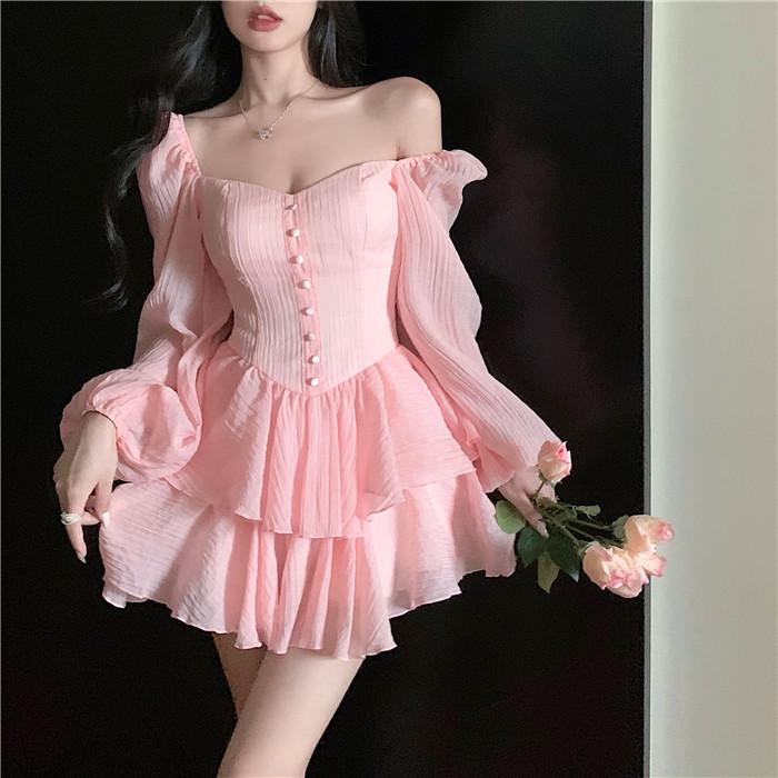 [당일발송/핑크M] 섹시 청순 쉬폰 시스루 스퀘어넥 긴팔 미니 공주 캉캉 원피스 드레스 4color 여행룩 파티룩 촬영룩 브라이덜샤워