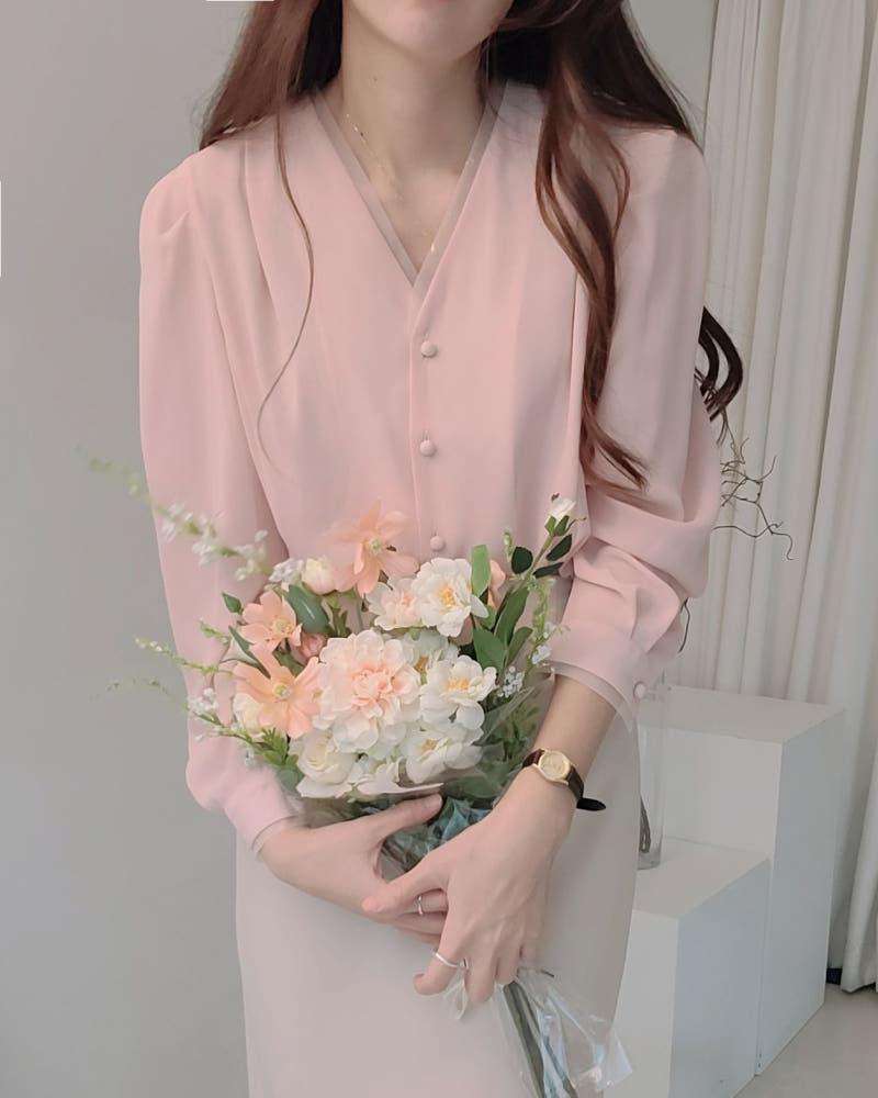 [무배] 르앤 쉬폰 레이어드 브이넥 블라우스