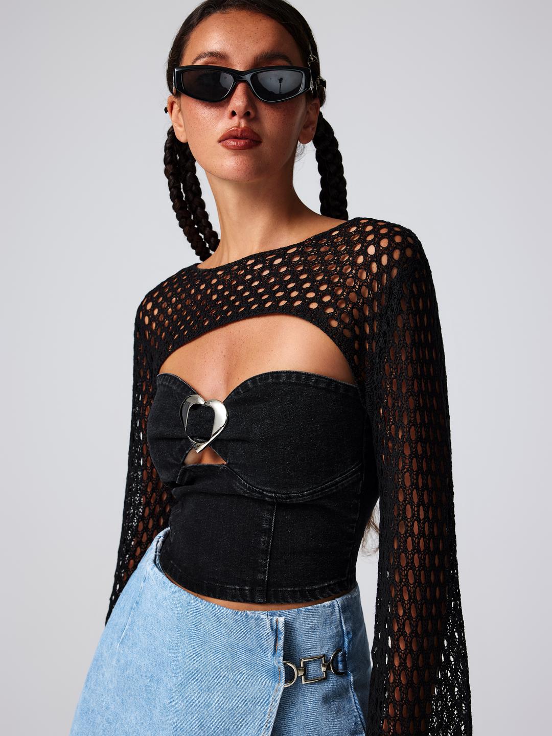 데님 하트 튜브 탑 & 할로우 아웃 크롭 탑