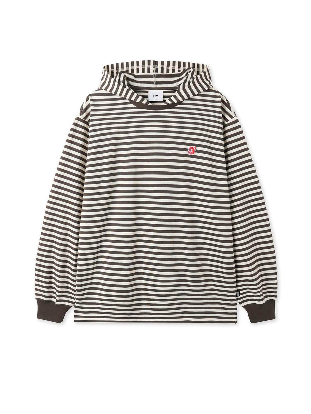 STRIPE HOODED L/S TEE - BROWN