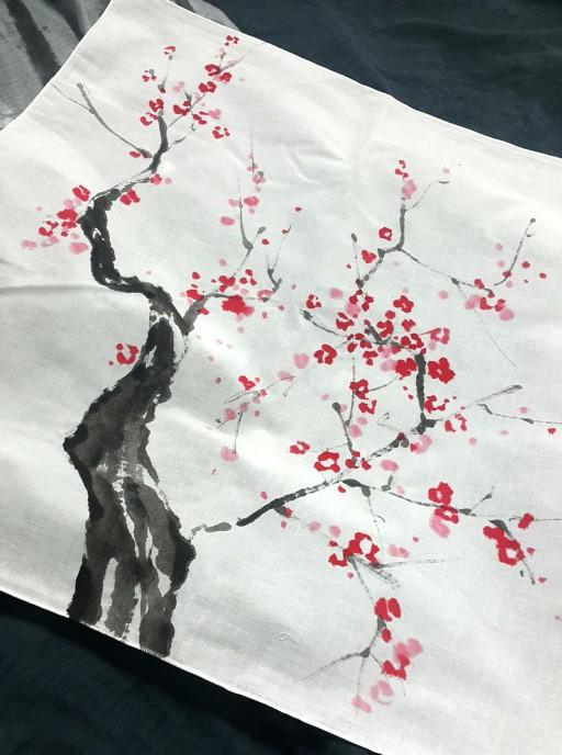 직접그린 세가지 이야기 홍매화 손수건 그림/부채킴