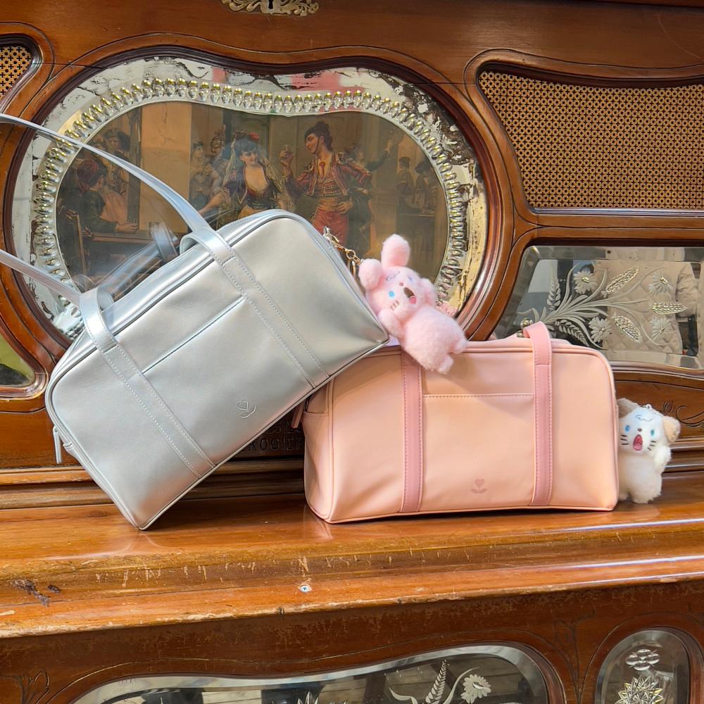 자체제작 실버 핑크 숄더백 여성 가죽 나일론 가방 하뜨스튜디오 (2 COLOR)