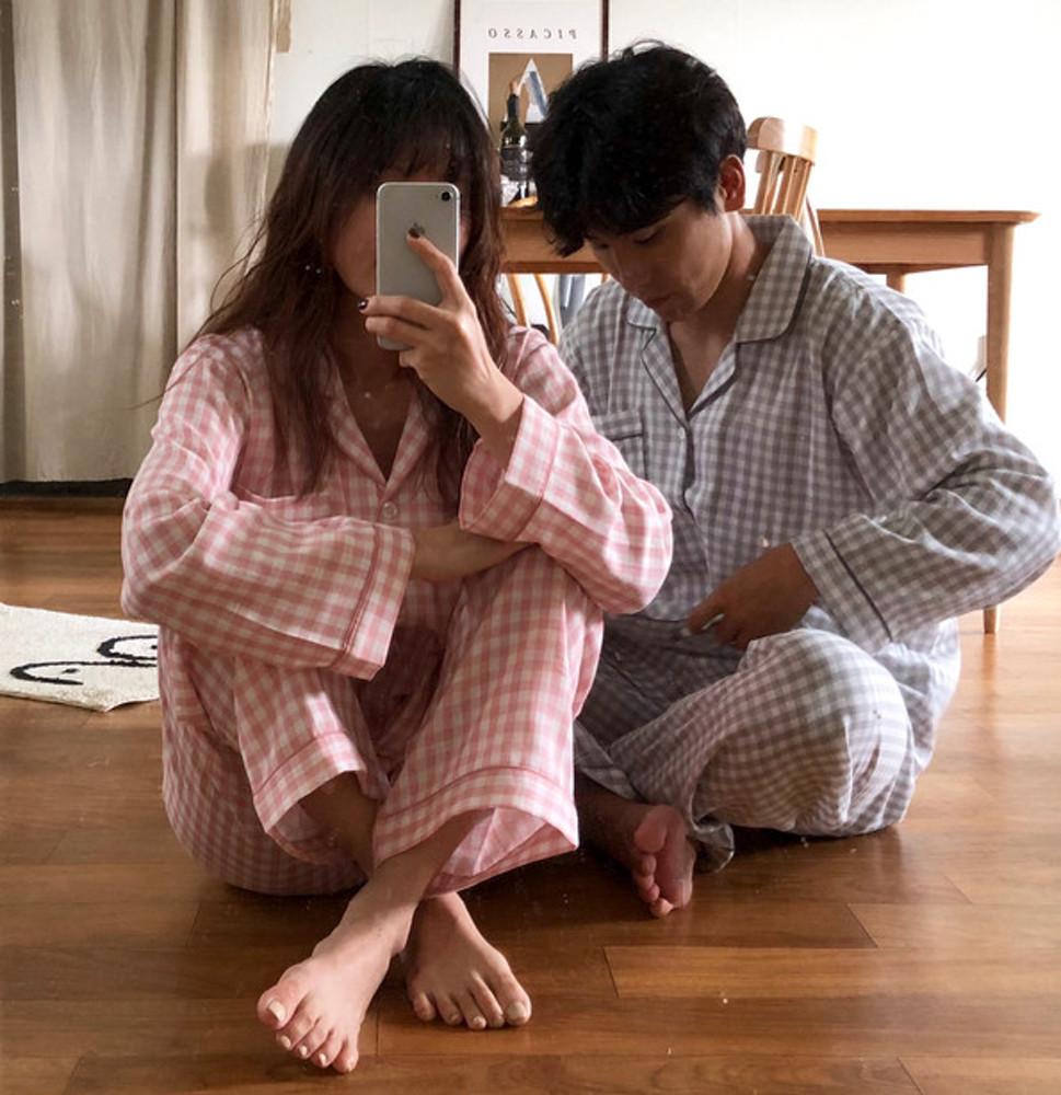 (사계절) 이중 거즈면 체크 커플 잠옷 (그레이 / 핑크 )