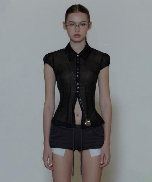 스컬프터(SCULPTOR)  Sheer Pleated Hem Blouse Black - 사이즈 & 후기 | 무신사