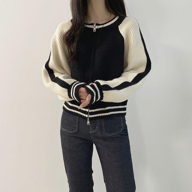 캐쥬얼 배색 니트 야구 점퍼 집업