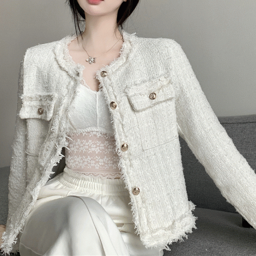 [가을신상/가을자켓/하객룩] 라운드넥 노카라 긴팔 수술 트위드 자켓 가을신상 가을자켓 가을트위드 결혼식 하객룩 데이트룩 캠퍼스룩 여행룩 소풍룩 파티룩