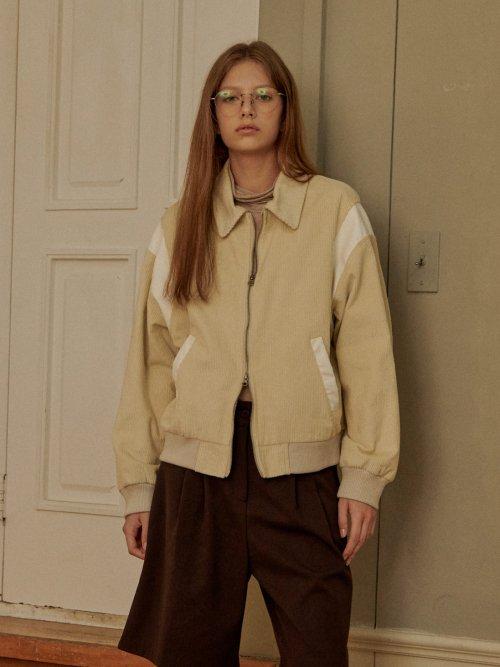 코듀로이 카라 바시티 투웨이 레더 배색 자켓 점퍼 (베이지)