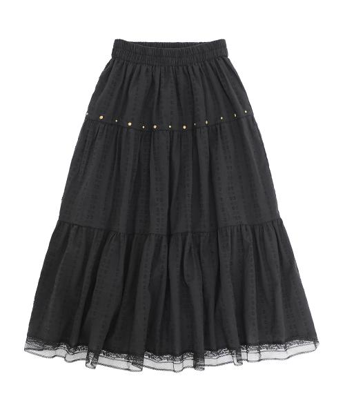 위시 스터디드 캉캉 티어드 레이스 면 스커트_블랙