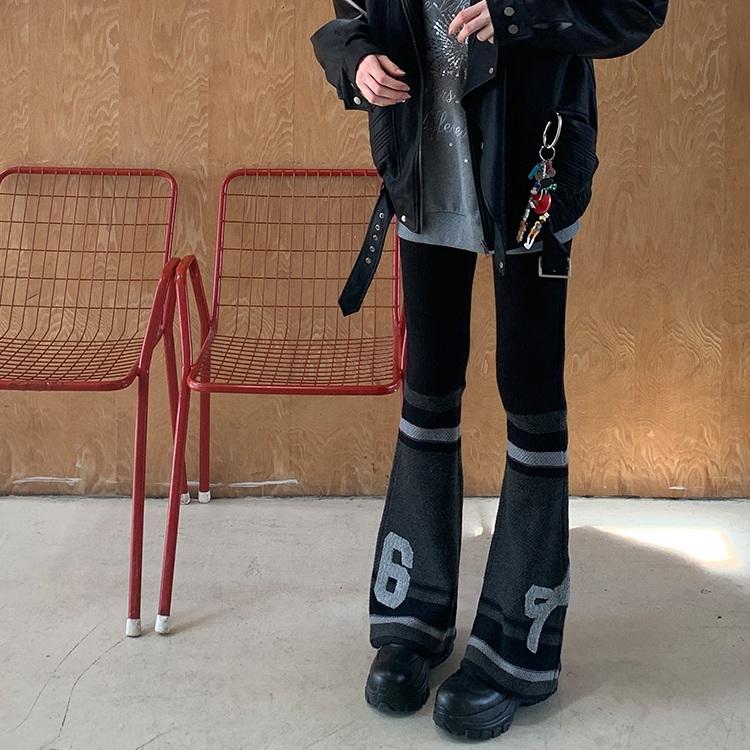 DIDDIMODA 니트팬츠 레트로 자수 패치 슬림 부츠컷 팬츠