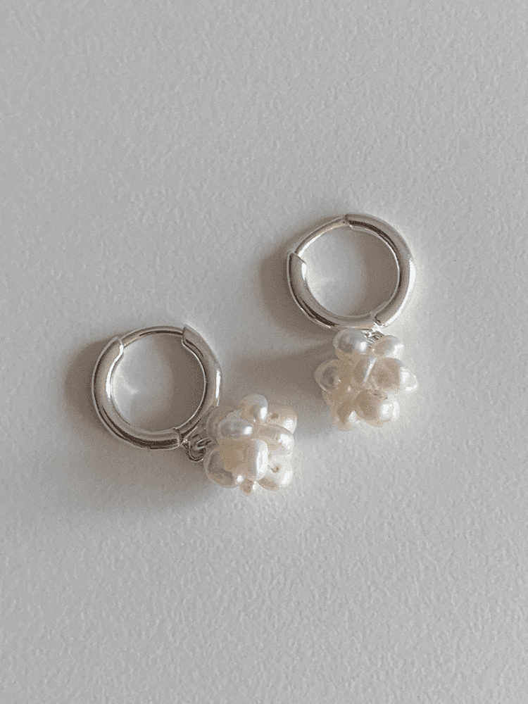 (실버925) 데일리 화이트 진주 꽃송이 드롭 원터치 링 귀걸이