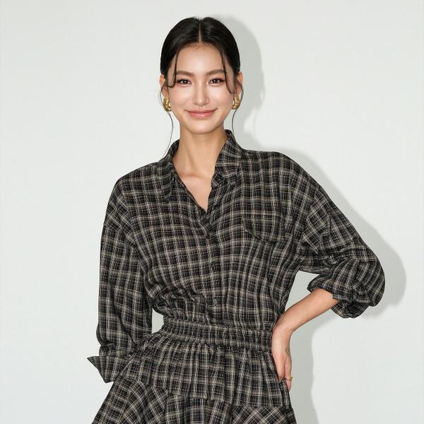 브라운 체크 플리츠 원피스