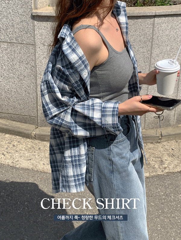이퓨 [단독💕주문폭주⚡살안타템🌞휴양지룩🌴여름긴팔🚚오늘출발] 케프 시어서커 루즈핏 체크 셔츠 (크롭/기본 2ver.) - 3color