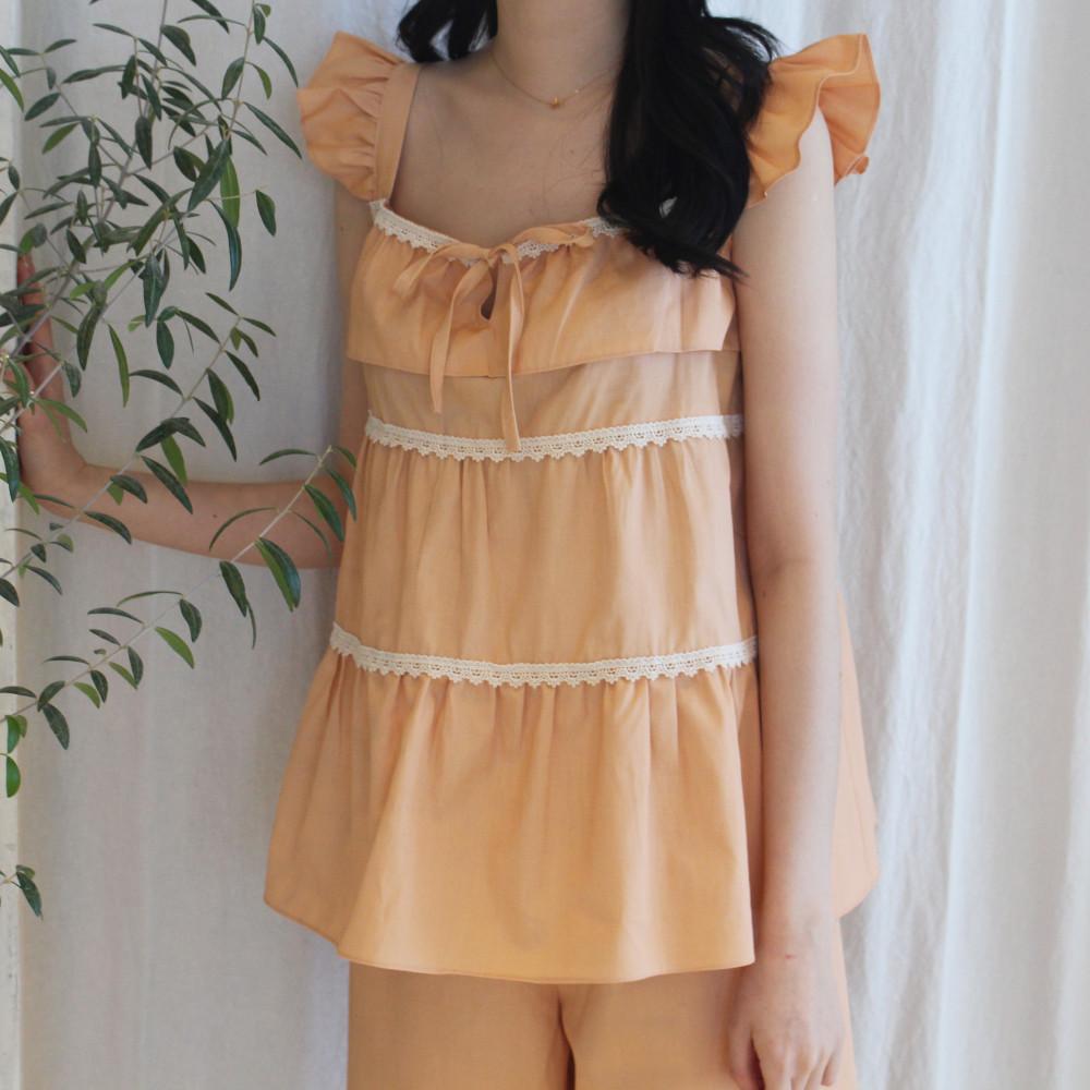 귀여운 프릴 레이스 나시 민소매 천연염색 여름 상의 홈웨어 잠옷