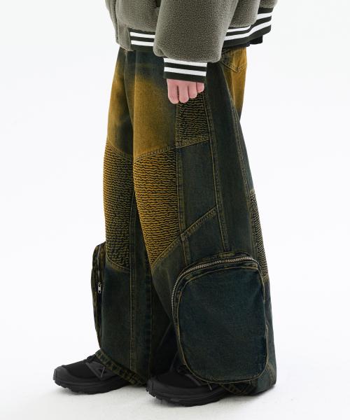 바이커 3D 포켓 워싱 벌룬핏 데님 팬츠 [딥 그린]