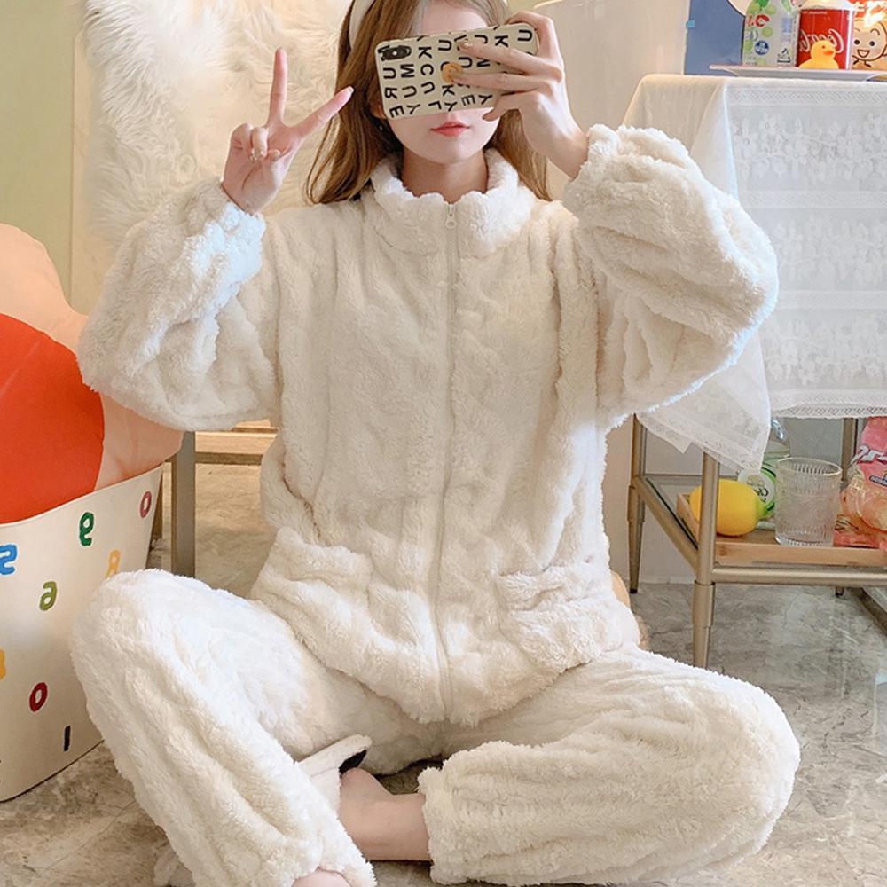 티티리 극세사 후리스 꽈배기 집업 겨울 파자마 여성 밍크 마약 수면 바지 기모 잠옷