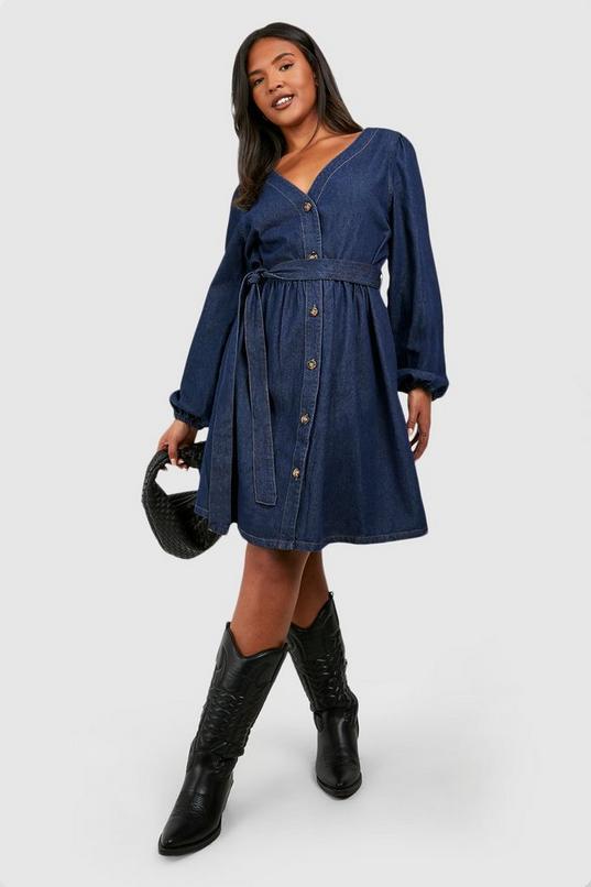 Plus Denim Belted Skater Dress