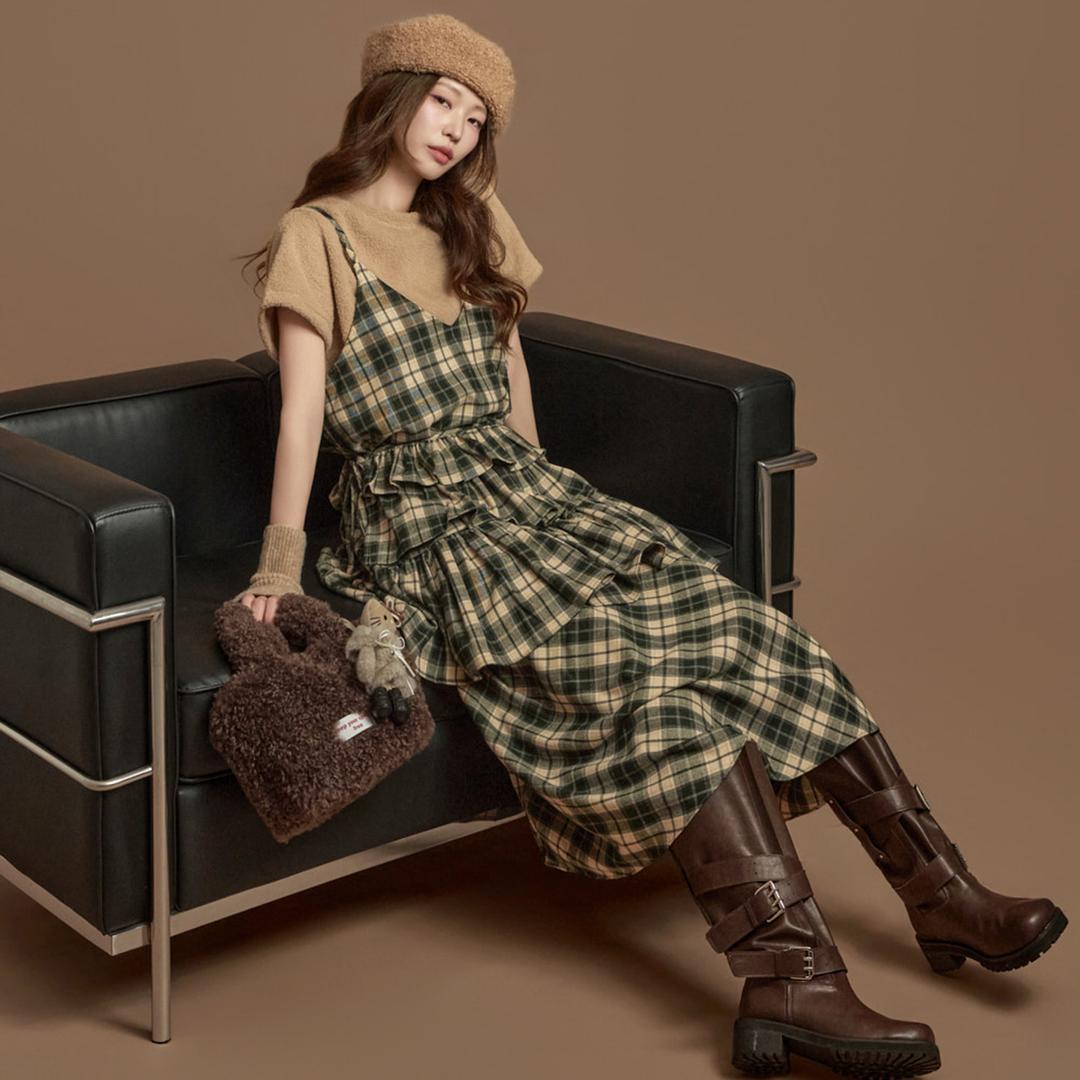 D5415 스트랩 세트 체크 원피스