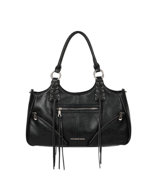 Eyelet Leather Fringe Bag (Black)