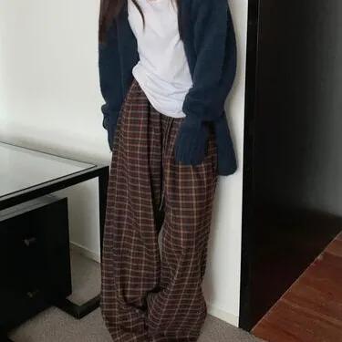 레드체크 패턴 와이드 밴딩 팬츠