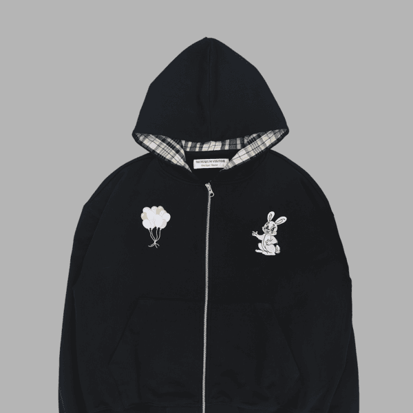 RABBIT EMBROIDERY ZIPUP HOODIE (BLACK)