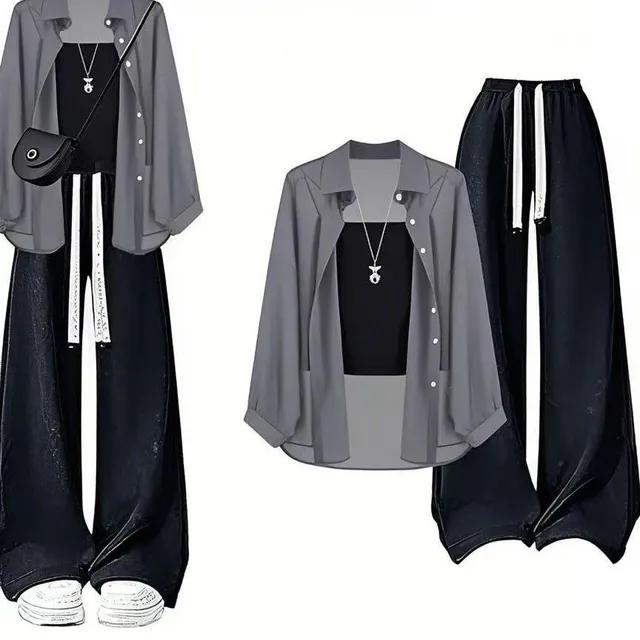 그레이셔츠 3종 풀세트 (셔츠+이너탑+팬츠)/빅사이즈/M~4XL(40~100)KG/COLOR그레이세트/LBA1172