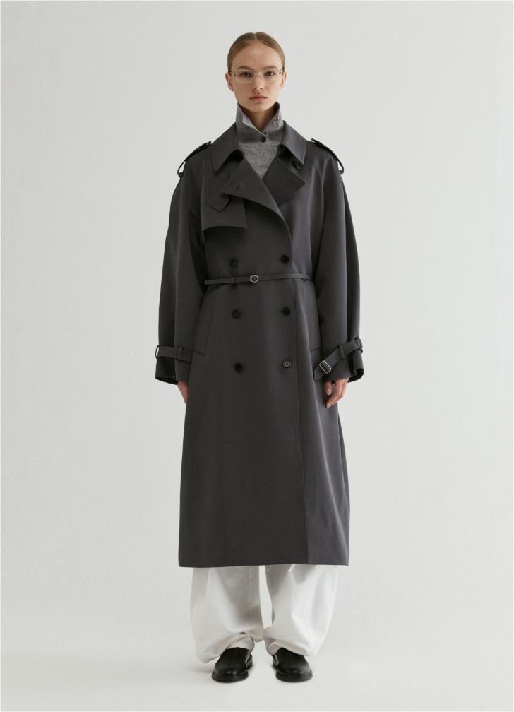 Double-Breasted Belted Trench Coat Charcoal Gray