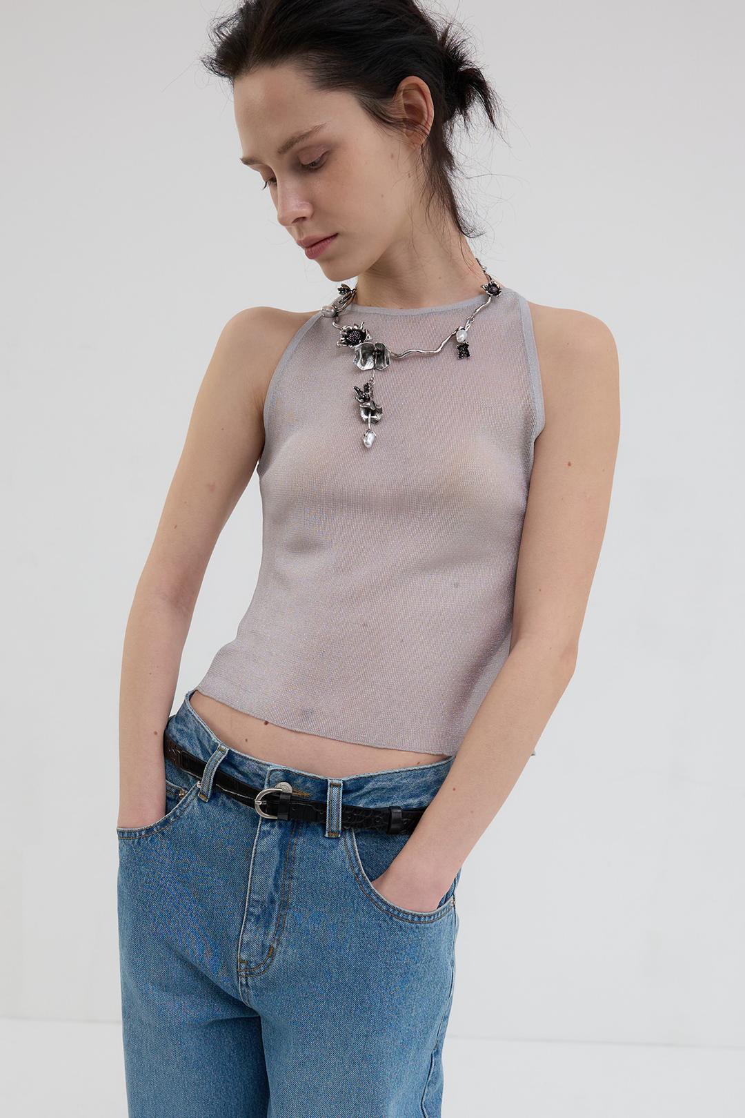 [4/17 PRE-ORDER] SHEER GLOSSY HALTER KNIT TOP_SILVER