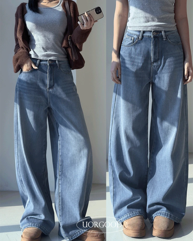 [도톰기모] 와이드핏 밑단 스냅 워싱 데님팬츠