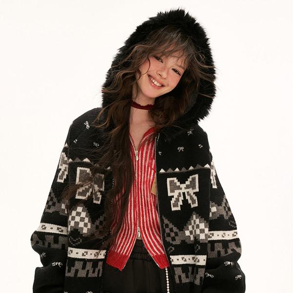 Ribbon Pattern Hooded Zip-Up Sweater