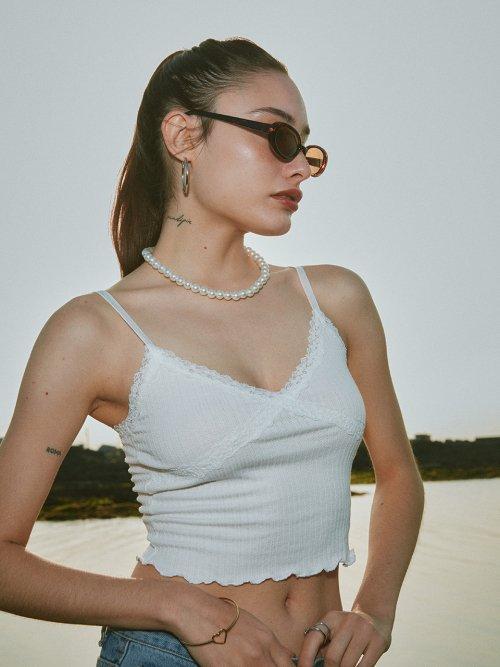 FLOWER LACE RIBBED TOP WHITE