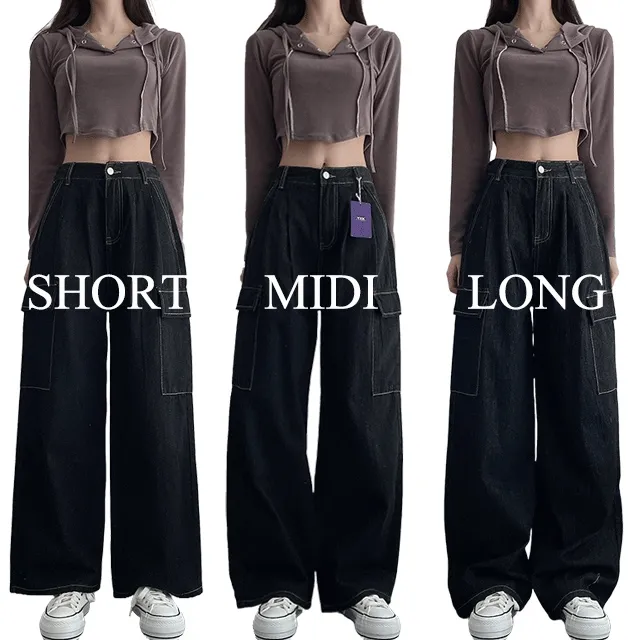 [숏,기본,롱/S~2XL] 스티치 생지 뒷밴딩 핀턱 카고 와이드 데님 팬츠