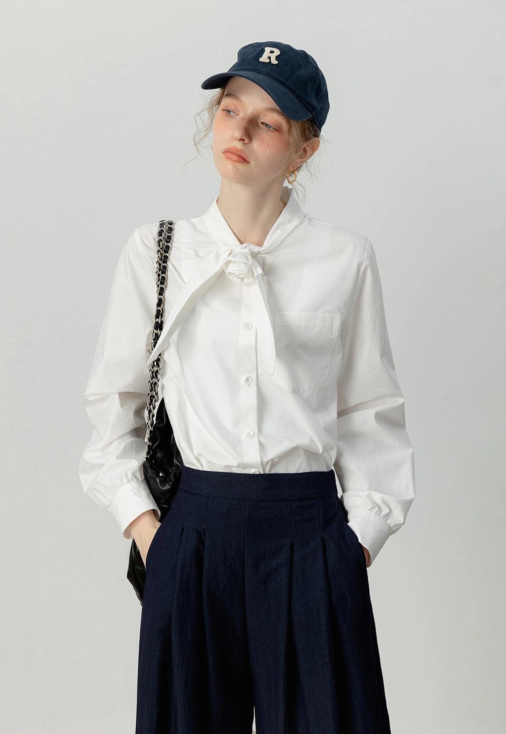 여성용 플로럴 리본 장식 버튼업 블라우스