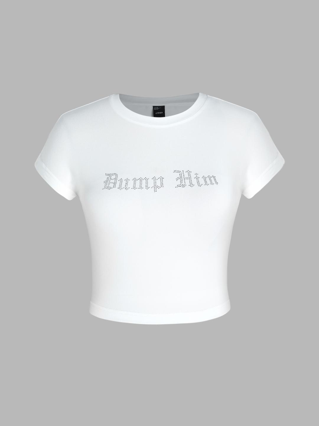 라인스톤 레터 반팔 크롭탑