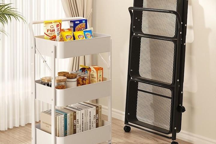 3중포장 접이식 손잡이 3단 이동식 무빙 트롤리 틈새 수납 선반 3단카트 폴딩트롤리