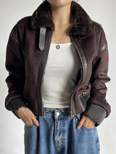 [기존ver/한겨울ver] 브라운 밍크 페이크퍼 크롭 가죽 블루종 무스탕 항공점퍼