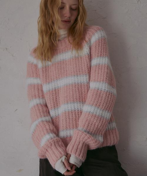 헤어리 울 스트라이프 풀오버-핑크