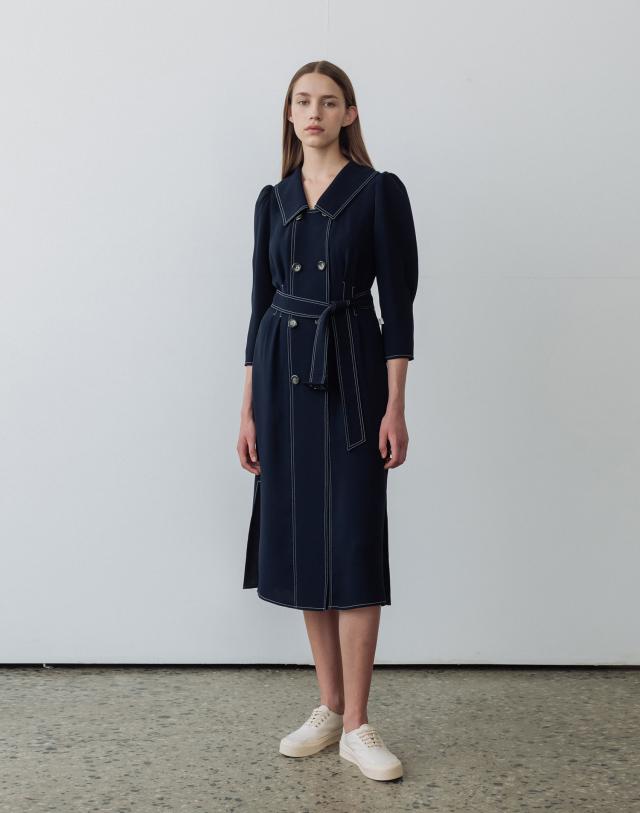 Double Button Belted Dress [Navy]