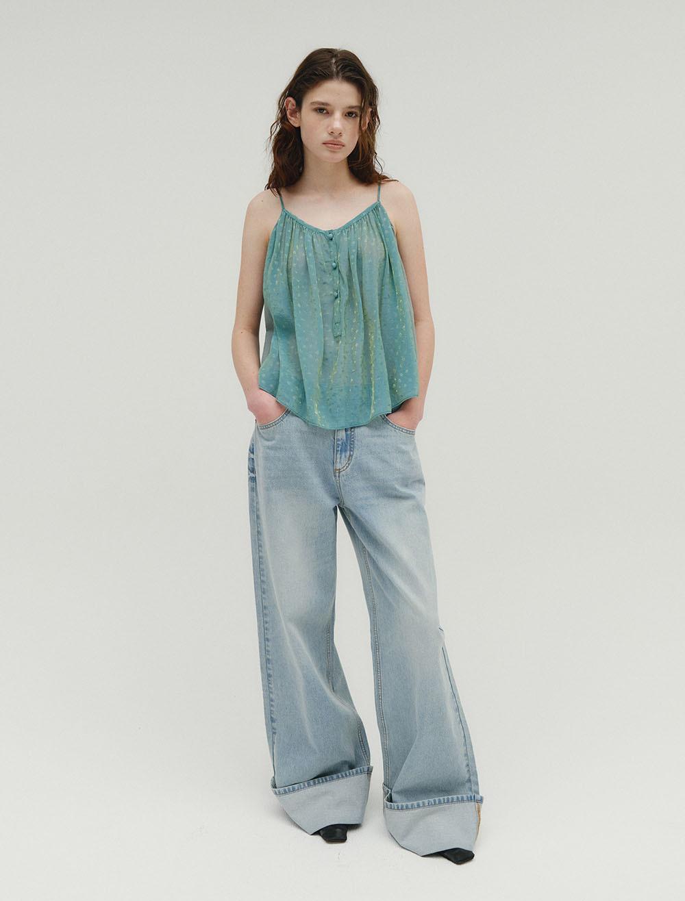 TWO TONE JACQUARED SLEEVLESS TOP [BLUE]