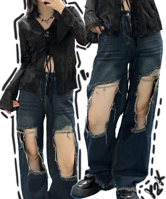 Square destroy denim pants 사각 찢청 흑청 블랙진 데님 롱팬츠 와이드팬츠 스트릿 힙한 바지 디스트로이 청바지_아담드리