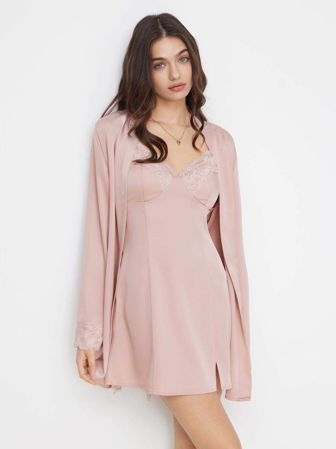 V-neck Lace Trim Nightdress With Removable Padding & Long Sleeve Robe With Belt Loungewear Set