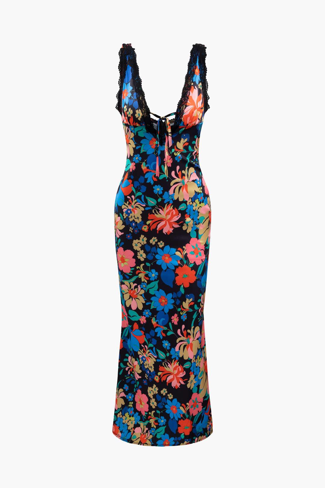 Floral Print Lace Trim V-neck Maxi Dress - MULTICOLOR / L