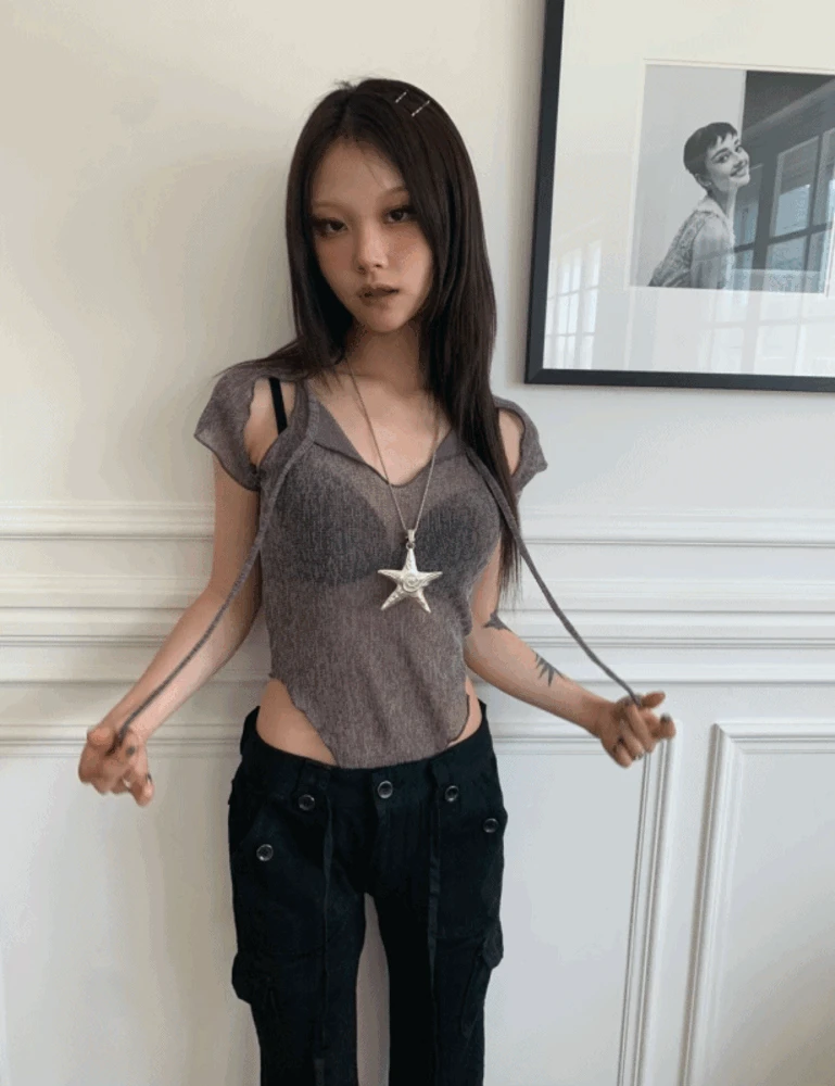 컷팅 바디수트 시스루 반팔 티셔츠
