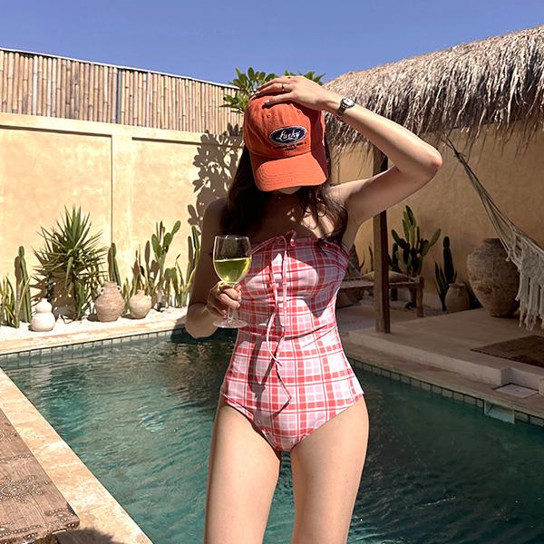 더클립 [🎀투웨이] 피치피치 체크 홀터넥 탑 모노키니, 스윔웨어 비키니 수영복, 비치웨어, 휴양지룩