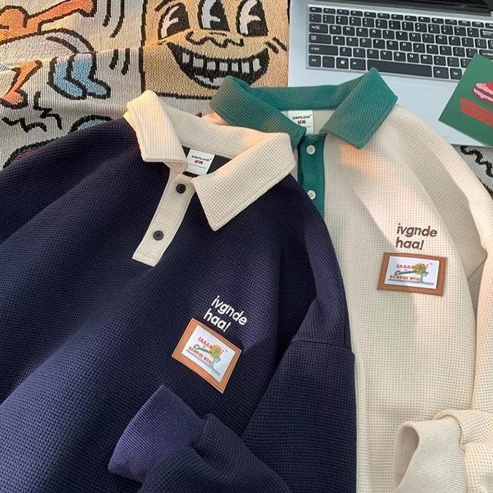 체이스 배색 남녀공용 긴팔 카라티