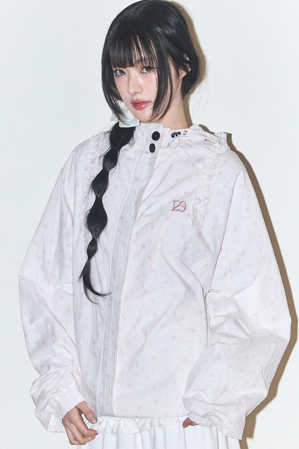 오블리크 프릴 후드 자켓 플라워